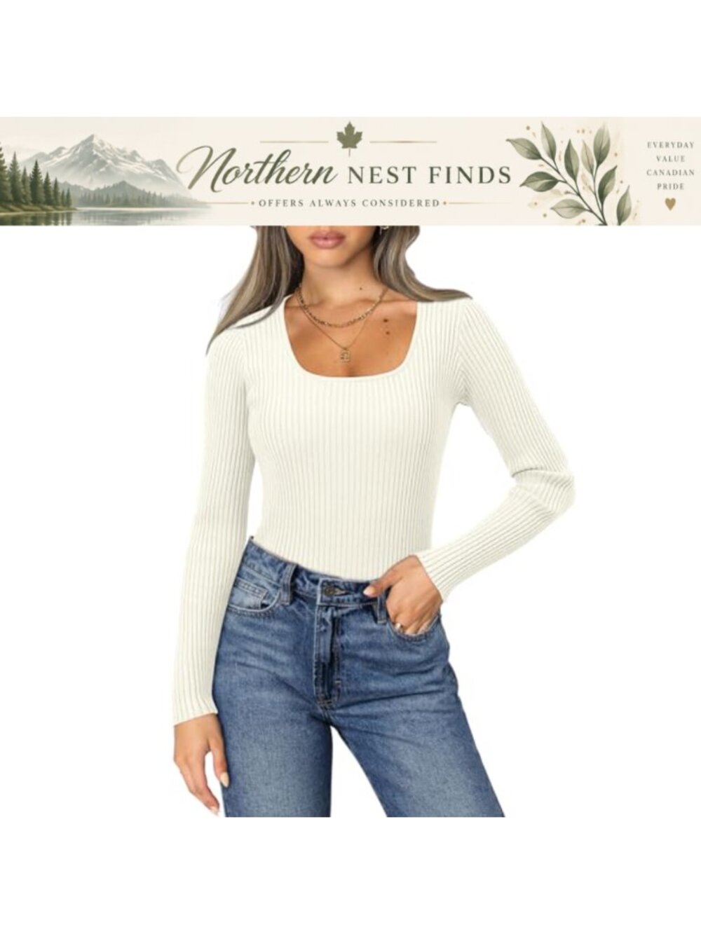 Square Neck Ribbed Knit Long Sleeve Slim Fit Tunic Top
